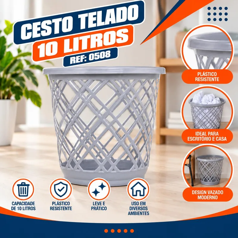 Cesto Telado 10 Litros Cinza Jaguar Ref: 0508