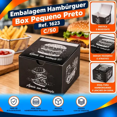 Embalagem Hamburguer Box Pequeno Preto (1623) C/50