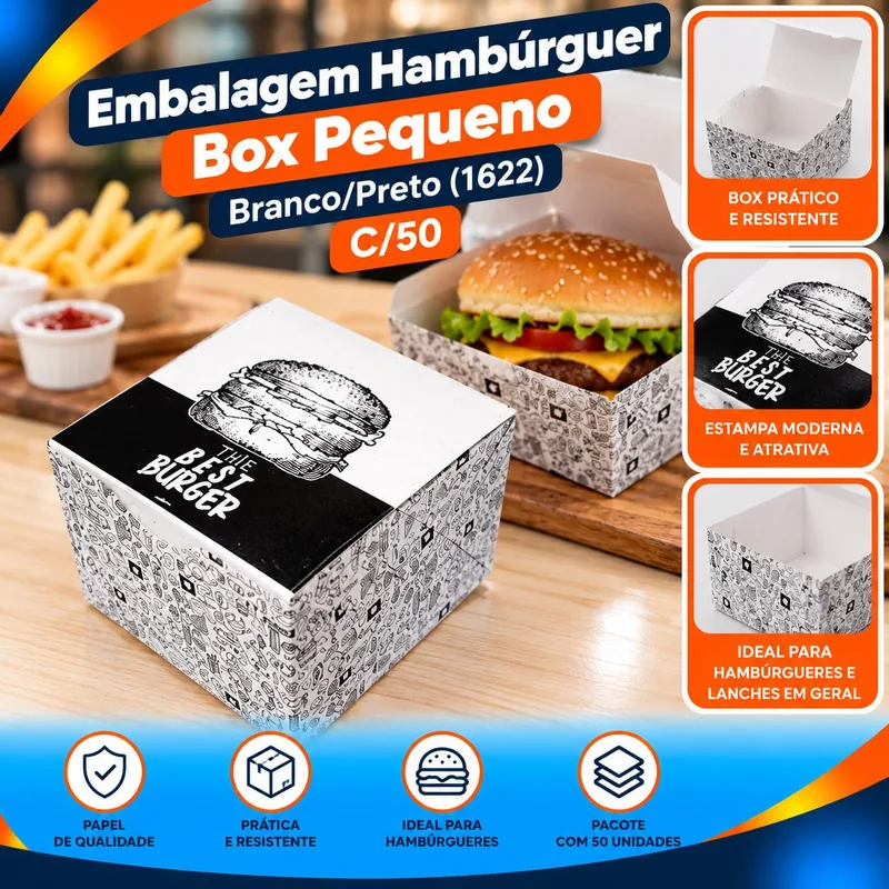 Embalagem Hamburguer Box Pequeno Branco/preto (1622) C/50