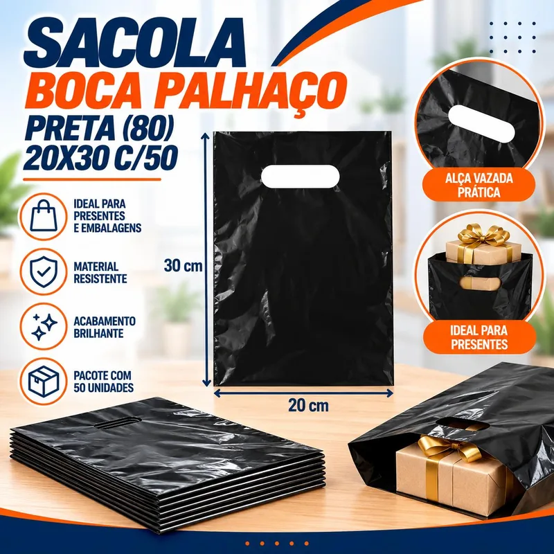Sacola Boca Palhaço (80) 20X30 Preta C/50