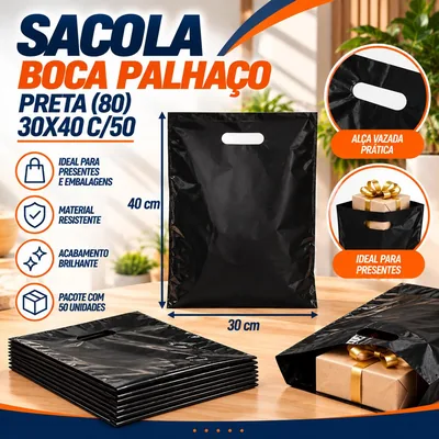 Sacola Boca Palhaço (80) 30X40 Preta C/50