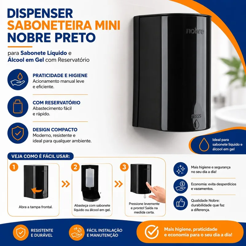 Dispenser Saboneteira Mini Nobre Preto Sabonete Alcool Gel C/resev (48384)