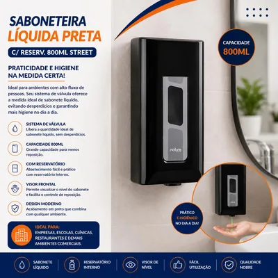 Saboneteira Liquida Preta c/ Reserv. 800ML Street (48391) Nobre