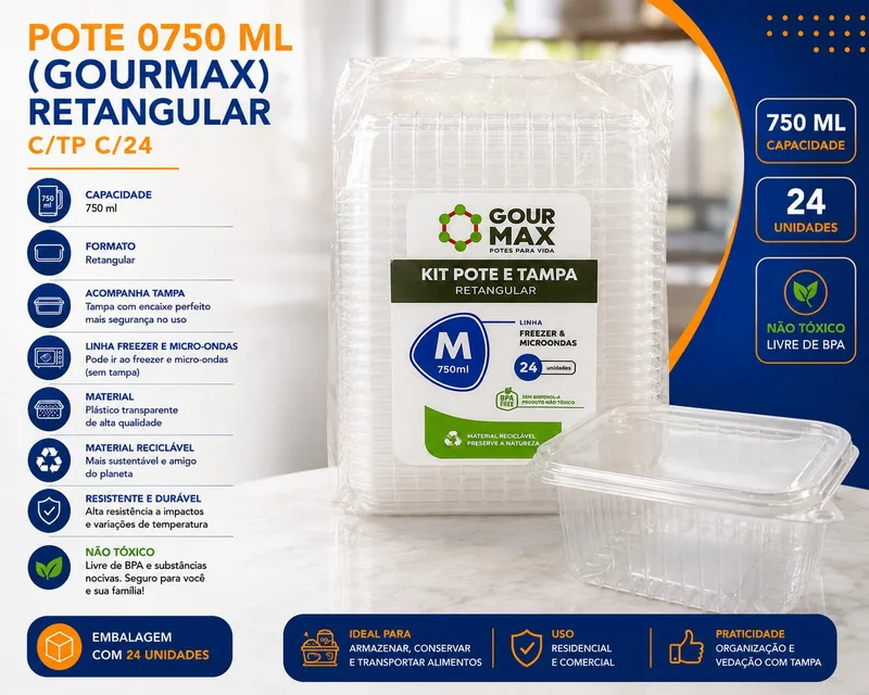 Pote 0750 Ml (gourmax) Retangular C/tp C/24