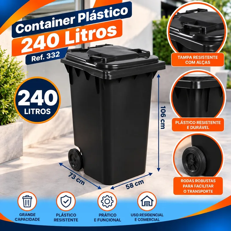 Conteiner Plast. 240 Lt. Preto c/ Rodas REF.332 Bolivar