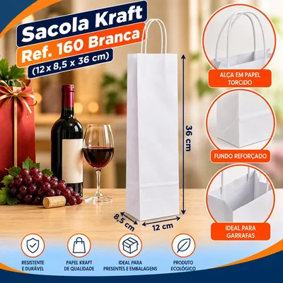 Sacola Kraft p/ Vinho REF.160 (12X8,5X36) Branca Unid.