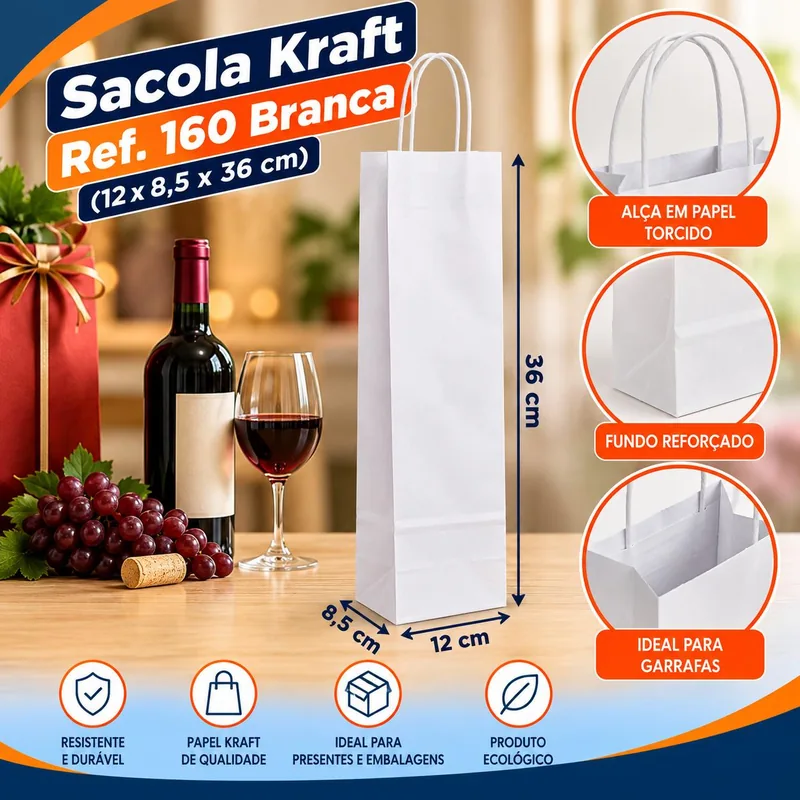Sacola Kraft p/ Vinho REF.160 (12X8,5X36) Branca Unid.