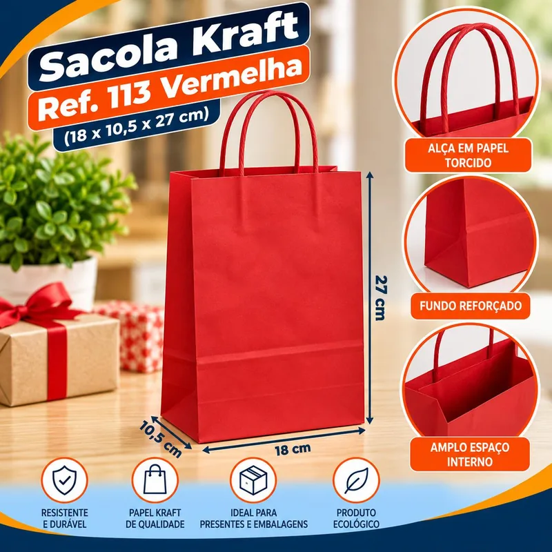 Sacola Kraft REF.113 (18X10,5X27) Vermelha Un
