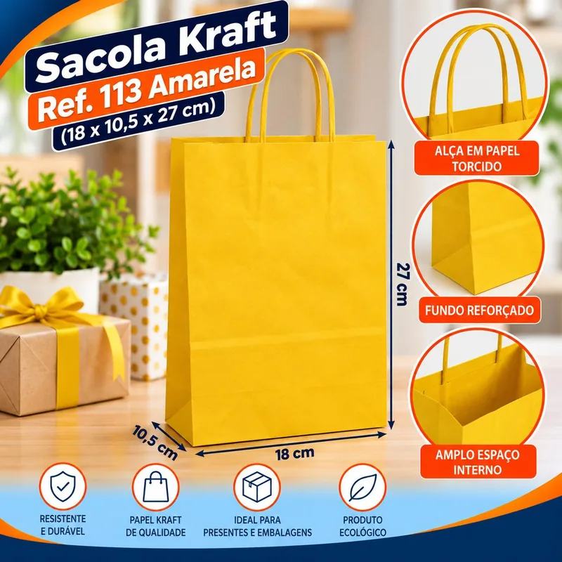 Sacola Kraft REF.113 (18X10,5X27) Amarela Un