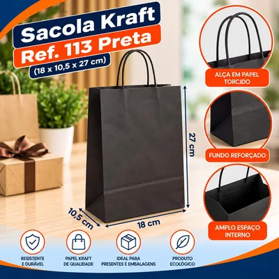 Sacola Kraft REF.113 (18X10,5X27) Preta Un