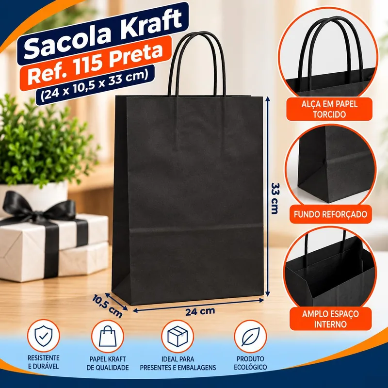 Sacola Kraft REF.115 (24X10,5X33) Preta Un