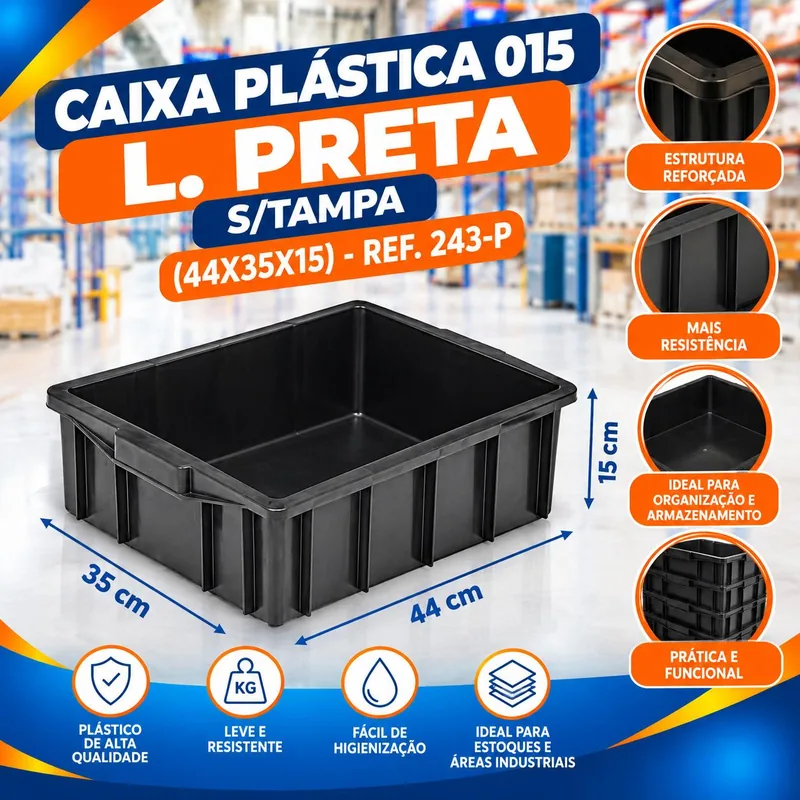 Caixa Plast. 015 Lt. Preta S/tampa (44X35X15) REF.243-P Bolivar