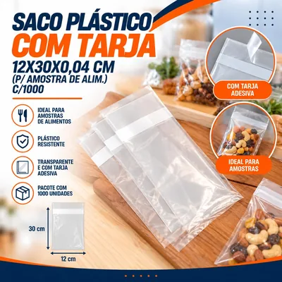 Saco Plastico c/ Tarja 12X30X0,04 Cm (p/ Amostra de Alim.) C/1000