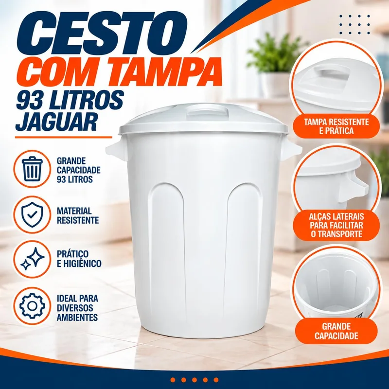 Cesto Fechado 93 Litros com Tampa Jaguar Branco (0737)
