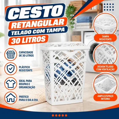Cesto Retangular Telado com Tampa 30 Litros Jaguar Branco (1442)