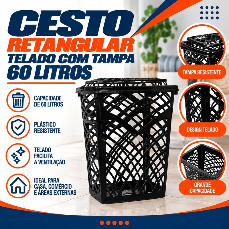 Cesto Retangular Telado com Tampa 60 Litros Jaguar Preto (3084)