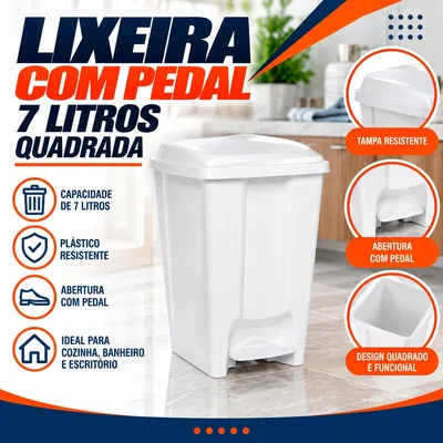 Lixeira com Pedal 7 Litros Quadrada Jaguar Branca (1786)