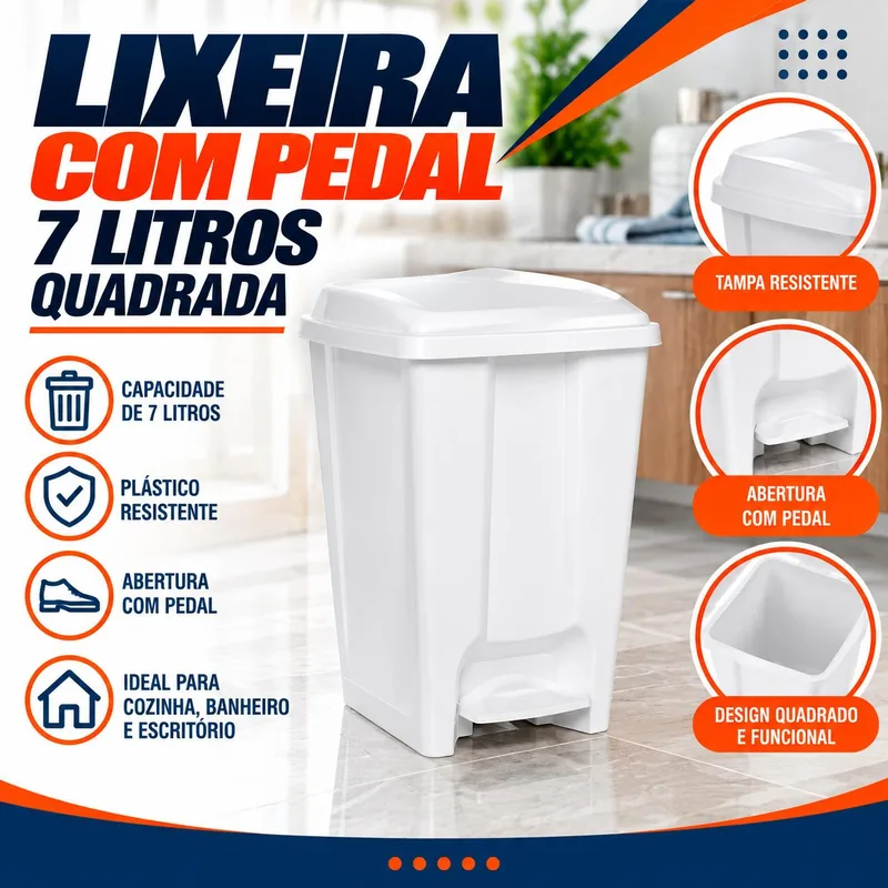 Lixeira com Pedal 7 Litros Quadrada Jaguar Branca (1786)