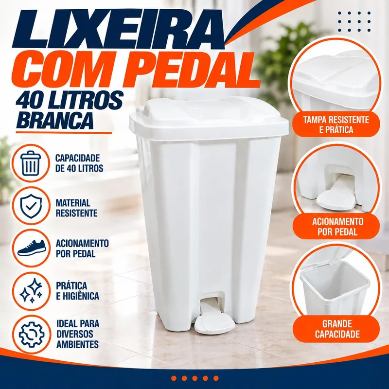 Lixeira com Pedal 40 Litros Branca Jaguar (1793)