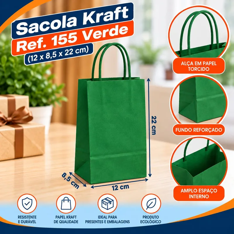 Sacola Kraft REF.155 (12X8,5X22) Verde Un