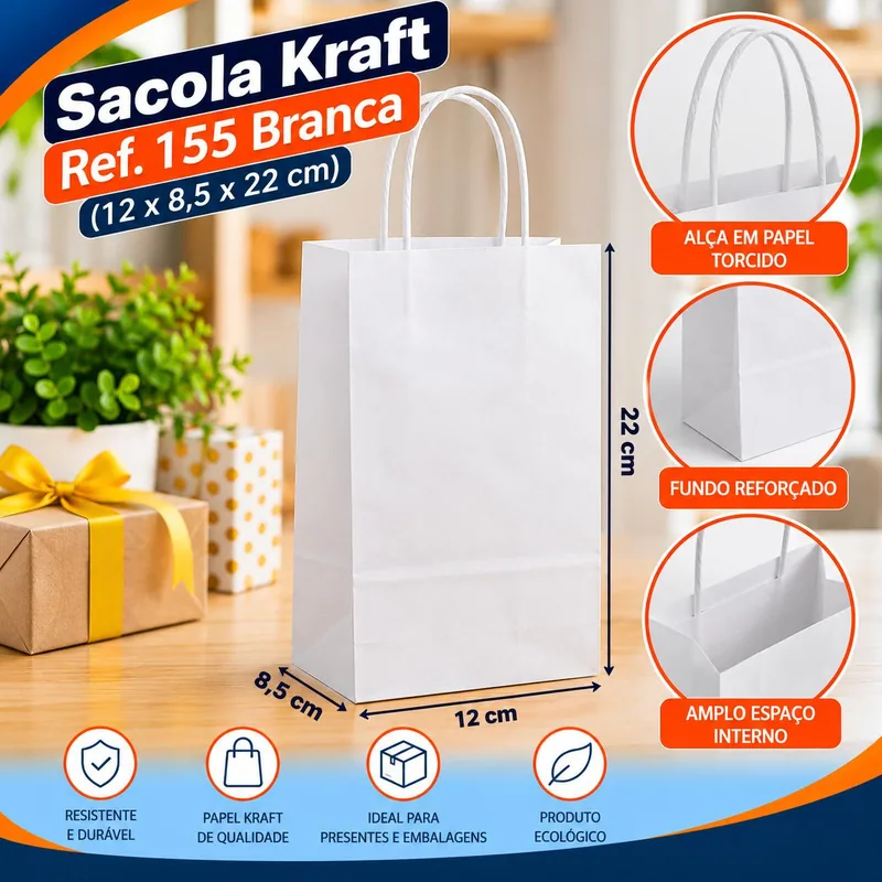 Sacola Kraft REF.155 (12X8,5X22) Branca Un