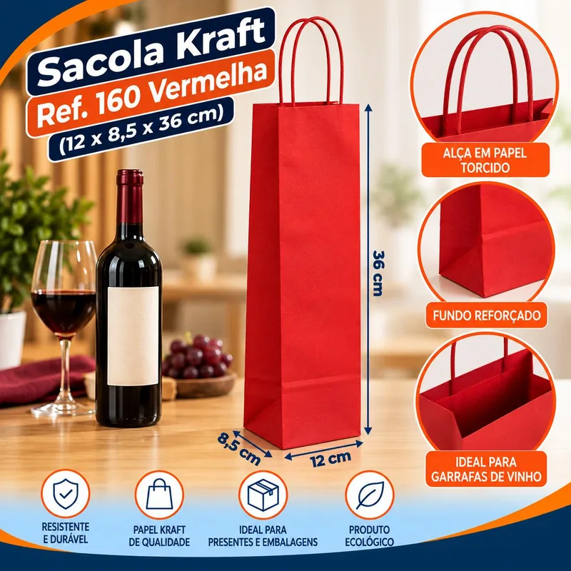 Sacola Kraft p/ Vinho REF.160 (12X8,5X36) Vermelha Unid.