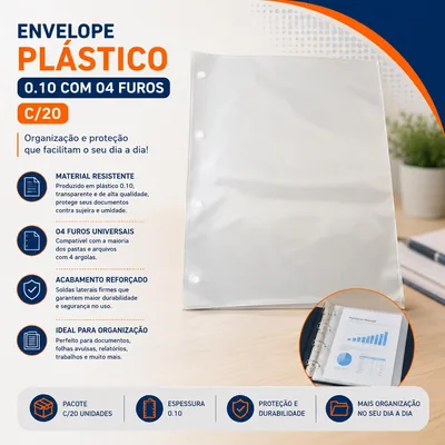 Envelope Plastico 0.10 com 04 Furos C/20 (1002)