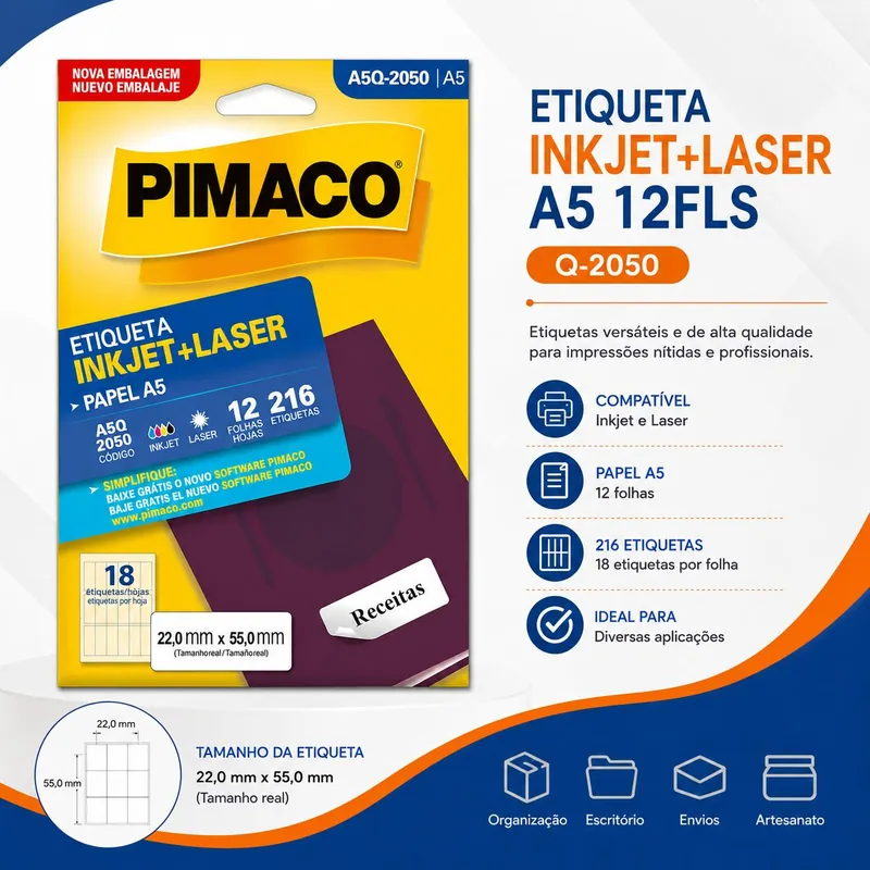 Etiqueta Inkjet+laser A5 12FLS Q-2050 Pimaco (10109)