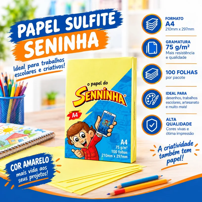 Papel Sulf. Seninha A4 Amarelo C/100 (64155)