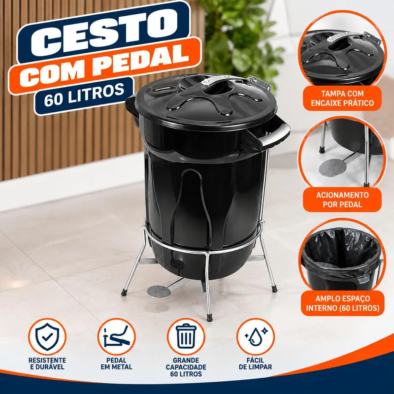 Cesto 060 Lt Preto C/pedal Ferro