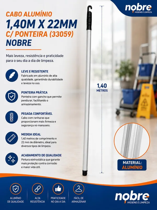 Cabo Aluminio 1,40M Cinza X 22MM c/ Ponteira (33059) Nobre
