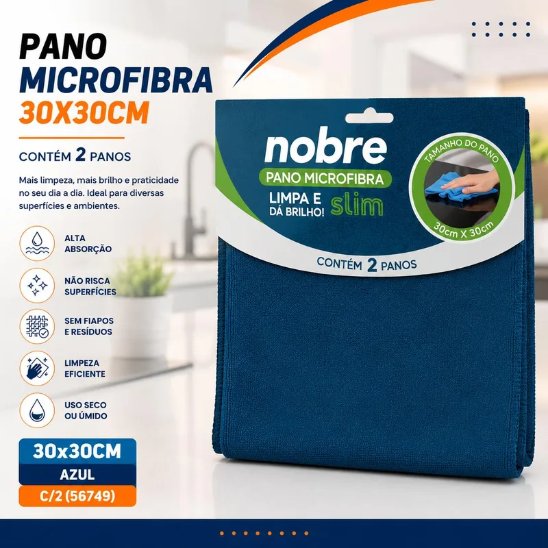 Pano de Microfibra 30X30CM Azul C/2 (56749)