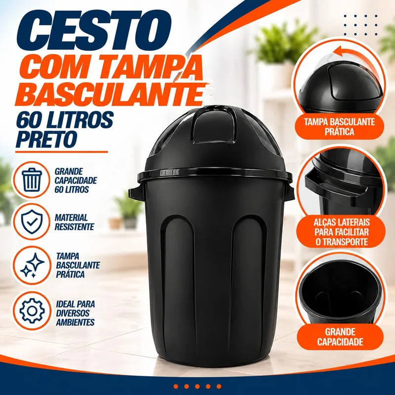Cesto C/tp Basc. 60 Lts Preto Jaguar (3081)