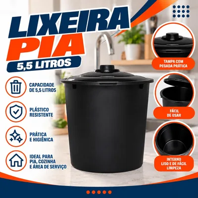 Lixeira Pia 5,5 Litros Preta Jaguar (3067)