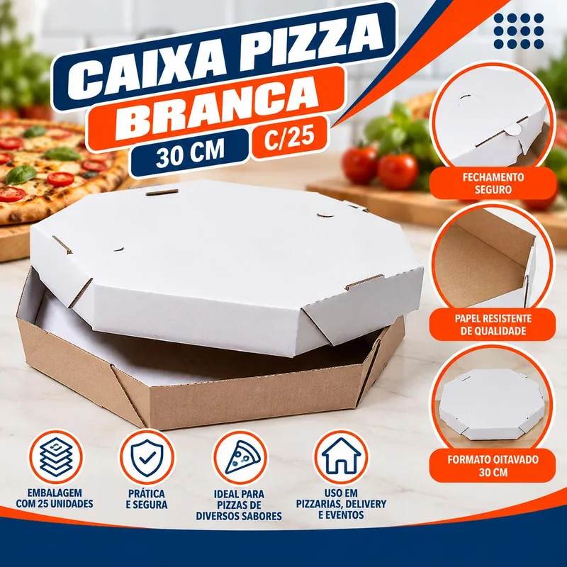 Caixa Pizza 30 Cm (oitavada) Branca C/25
